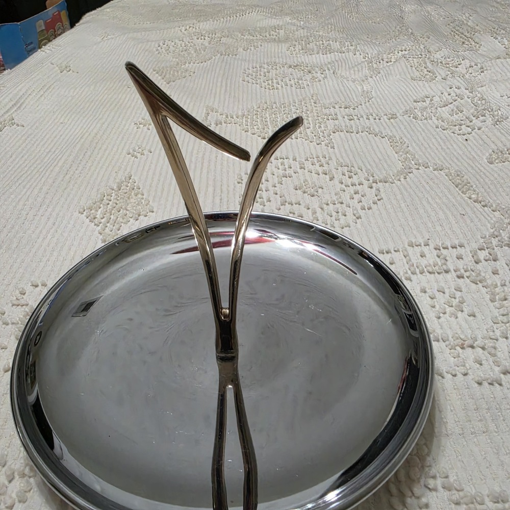 Mid Century Modern Chrome‎ 8 1/2 In, Server With Detachable Gold Tone Handle